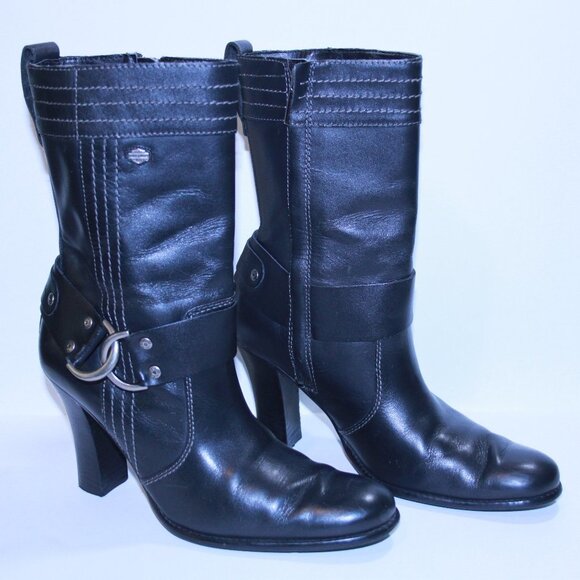 Harley Davidson Women's Leather Boots Side Zip 85050 Motorcycle High Heels 7.5 - Picture 1 of 7
